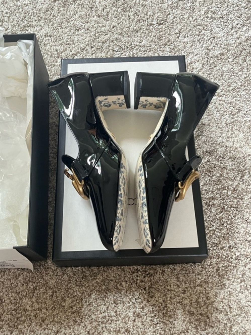 New GUCCI Patent Leather Black Mary Jane Pumps with Gold Buckle